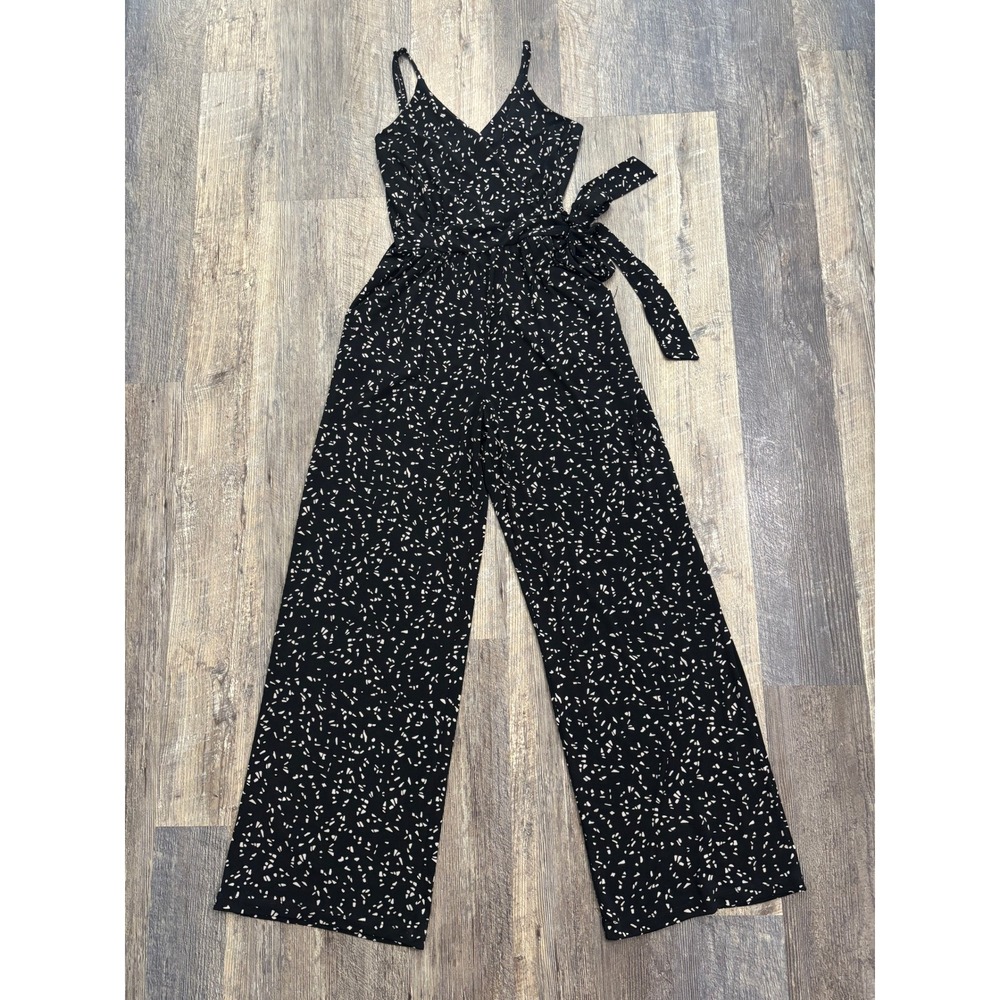 Kaileigh Womens XS Black White Abstract Print‎ Wide Leg Jumpsuit V-Neck Belted